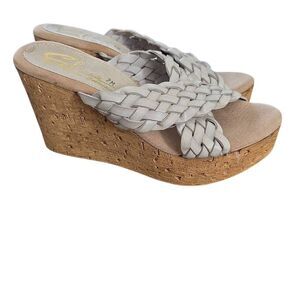 Sbicca Women's Size 7 Gray Tan Braided Leather Cork Wedge Heels